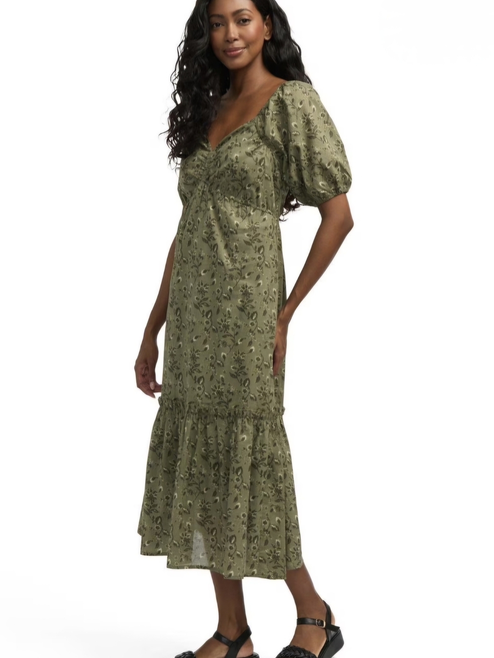 BNWT Mexx Cottagecore Coquette Sage Green Floral Puff Sleeve Ruffle Midi Dress